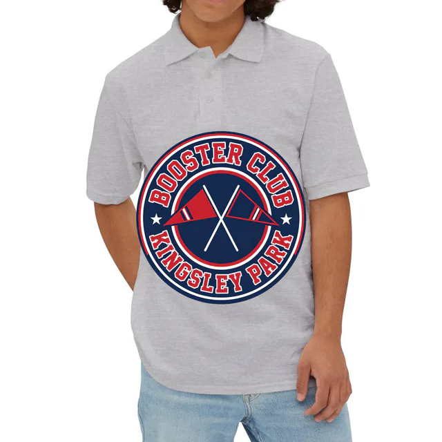Crossed pennants for the Kingsley Park booster club, on an athletic heather adult polo