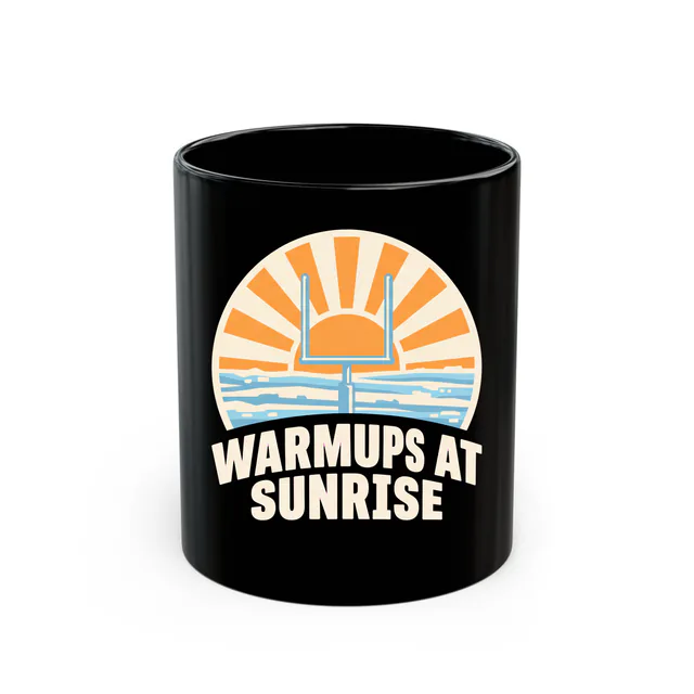 A sunrise over a frost-covered field, WARMUPS AT SUNRISE, on a black mug