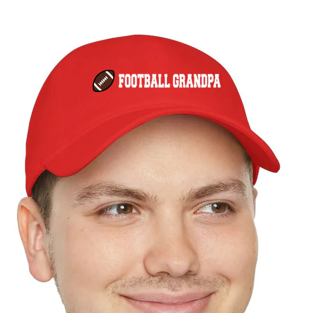 A tiny football beside FOOTBALL GRANDPA, on a red dad hat