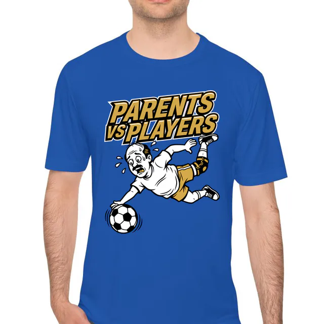 A dad in a knee brace diving for the ball, PARENTS VS PLAYERS, on a royal performance tee