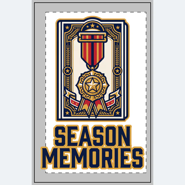 A medal on a striped ribbon, SEASON MEMORIES, on a white dotted notebook