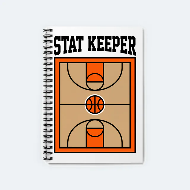 A basketball court from above, STAT KEEPER, on a white spiral notebook