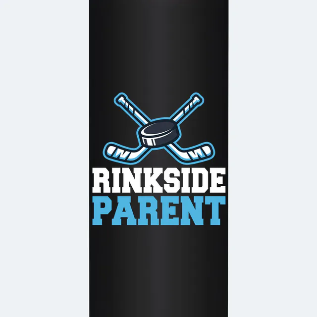 A puck and crossed sticks above RINKSIDE PARENT, on a black steel tumbler