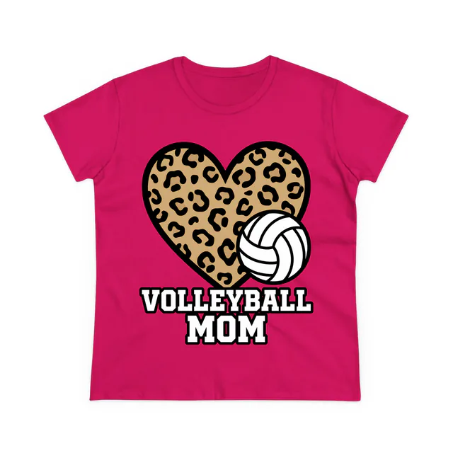 A leopard-spotted heart with a volleyball, VOLLEYBALL MOM, on a heliconia women's t-shirt