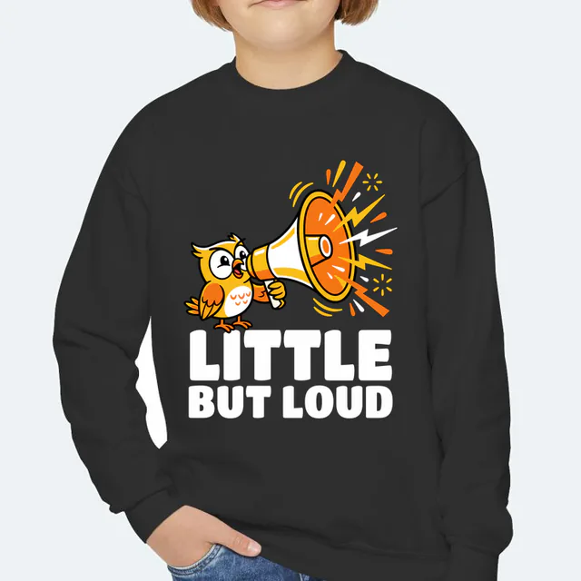 An owl shouting through a megaphone, LITTLE BUT LOUD, on a black youth crewneck