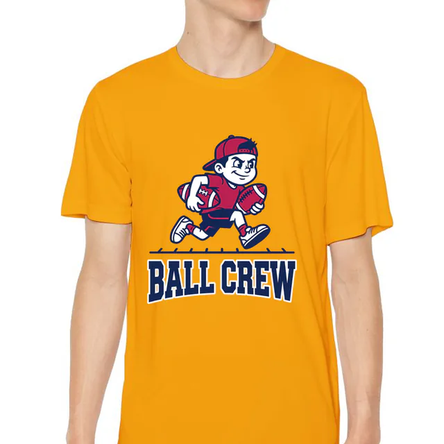 A kid sprinting with a ball under each arm, BALL CREW, on a gold youth performance tee