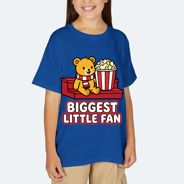 A bear cub with a big bucket of popcorn, BIGGEST LITTLE FAN, on a royal youth t-shirt