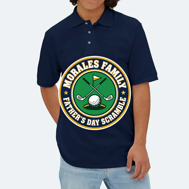 A golf emblem for the Morales family Father's Day scramble, on a navy adult polo