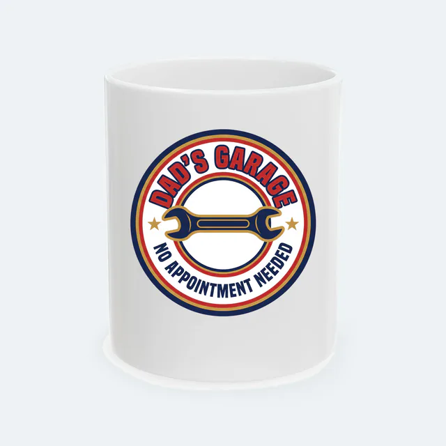 A filling station badge for DAD'S GARAGE, on a white ceramic mug