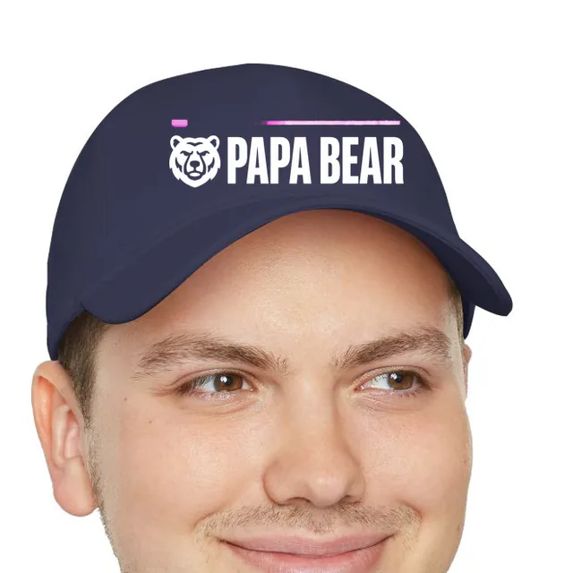 A small bear face beside PAPA BEAR, on a navy dad hat