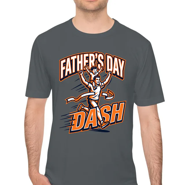 A dad finishing with a kid on his shoulders, FATHER'S DAY DASH, on an iron gray performance tee
