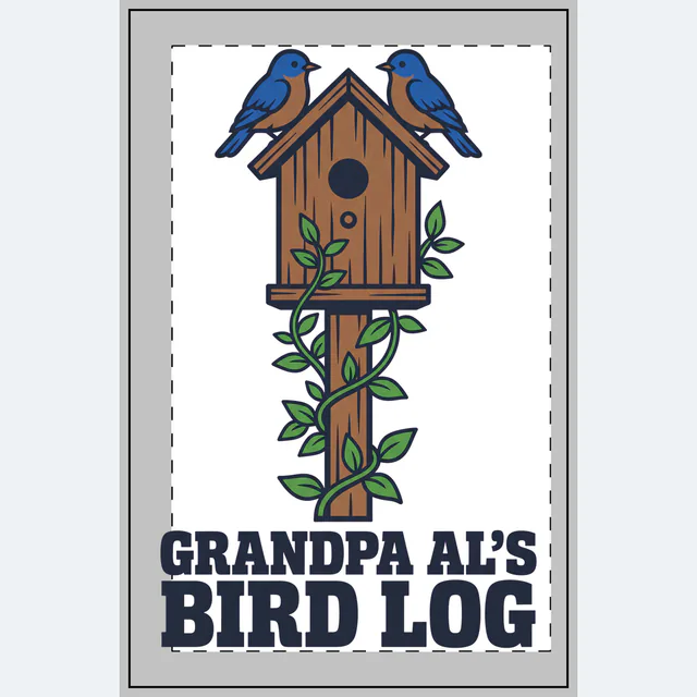 Two bluebirds on a birdhouse, GRANDPA AL'S BIRD LOG, on a white dotted notebook