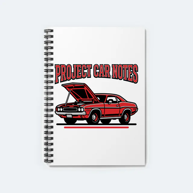 A vintage muscle car with its hood up, PROJECT CAR NOTES, on a white spiral notebook