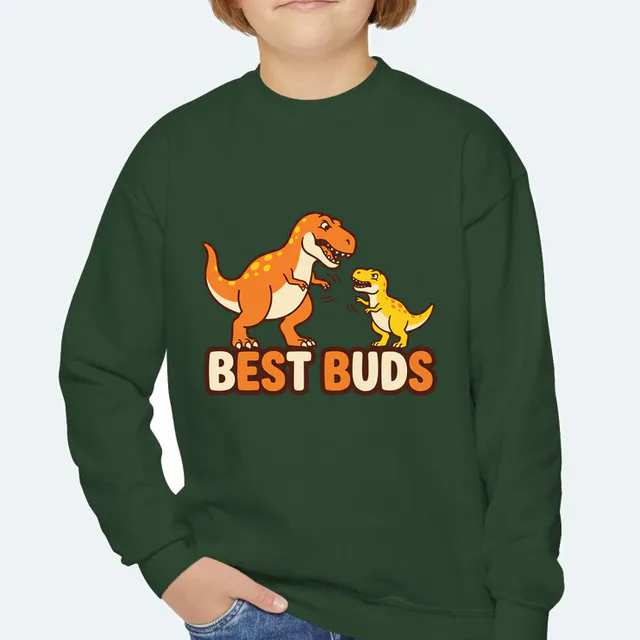 Two dinosaurs failing a high five, BEST BUDS, on a forest green youth crewneck