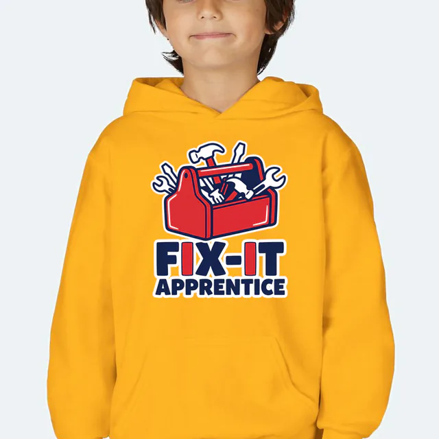 A toolbox with a tiny hammer on top, FIX-IT APPRENTICE, on a gold youth hoodie