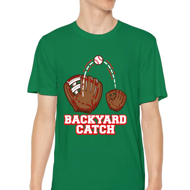 A big glove and a small glove playing BACKYARD CATCH, on a kelly green youth performance tee