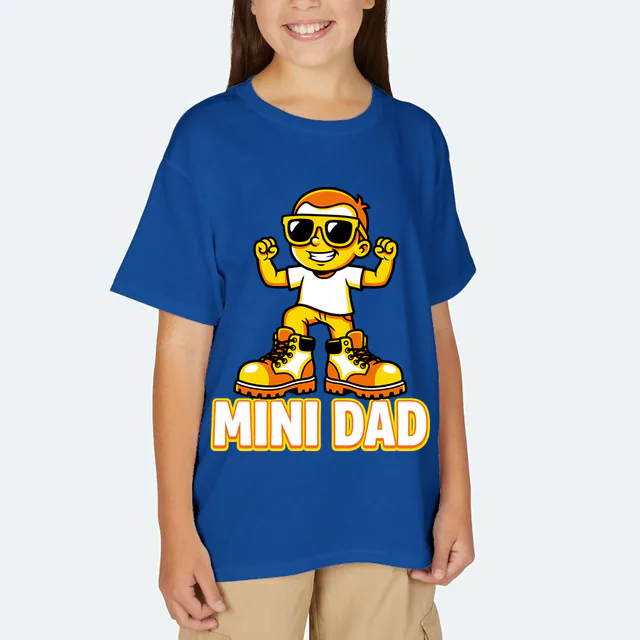A kid in giant boots and sunglasses flexing, MINI DAD, on a royal youth t-shirt