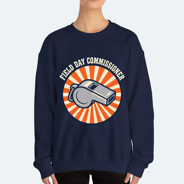 A whistle in a retro sunburst, FIELD DAY COMMISSIONER, on a navy adult crewneck