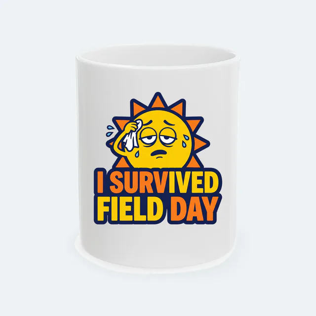 A tired sun mopping its brow, I SURVIVED FIELD DAY, on a white ceramic mug