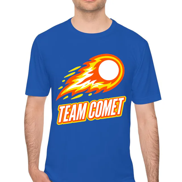 A blazing comet with a flame tail, TEAM COMET, on a royal performance tee