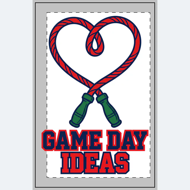 A jump rope curling into a heart, GAME DAY IDEAS, on a white dotted notebook