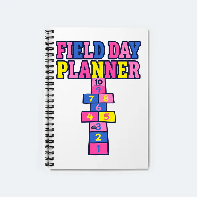 A bright hopscotch grid, FIELD DAY PLANNER, on a white spiral notebook