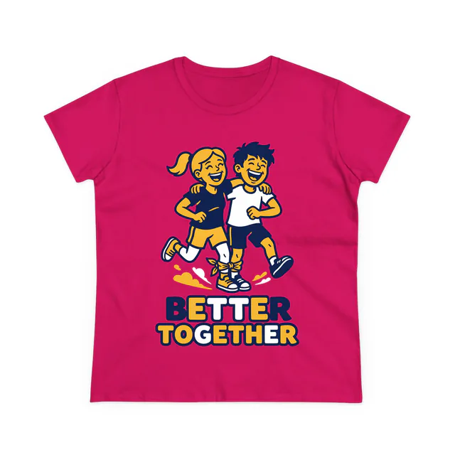 Friends in a three-legged race, BETTER TOGETHER, on a heliconia women's t-shirt