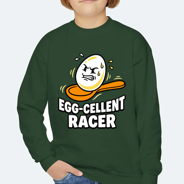 An egg balancing on a spoon, EGG-CELLENT RACER, on a forest green youth crewneck