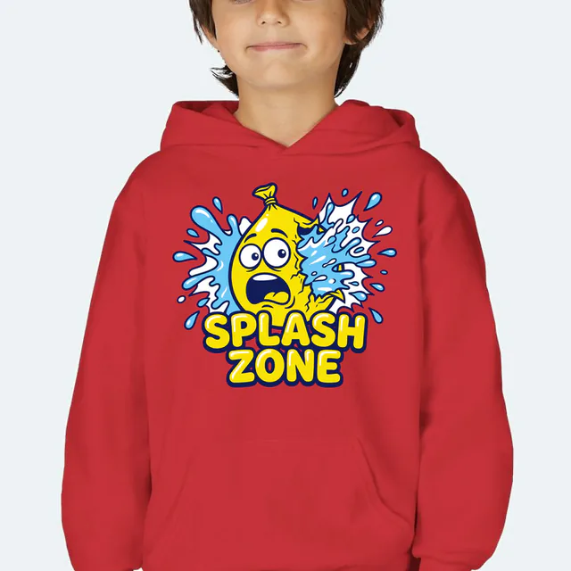 A bursting water balloon with a surprised face, SPLASH ZONE, on a red youth hoodie