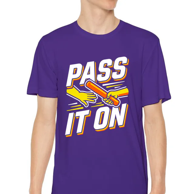 A relay baton handoff, PASS IT ON, on a purple youth performance tee