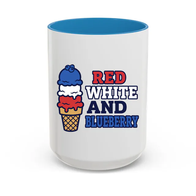 A three-scoop cone, RED WHITE AND BLUEBERRY, on a blue accent mug