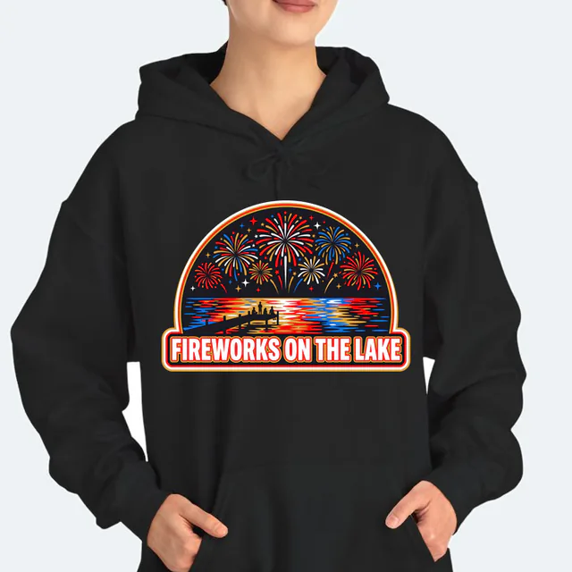 Fireworks reflected on the water, FIREWORKS ON THE LAKE, on a black adult hoodie