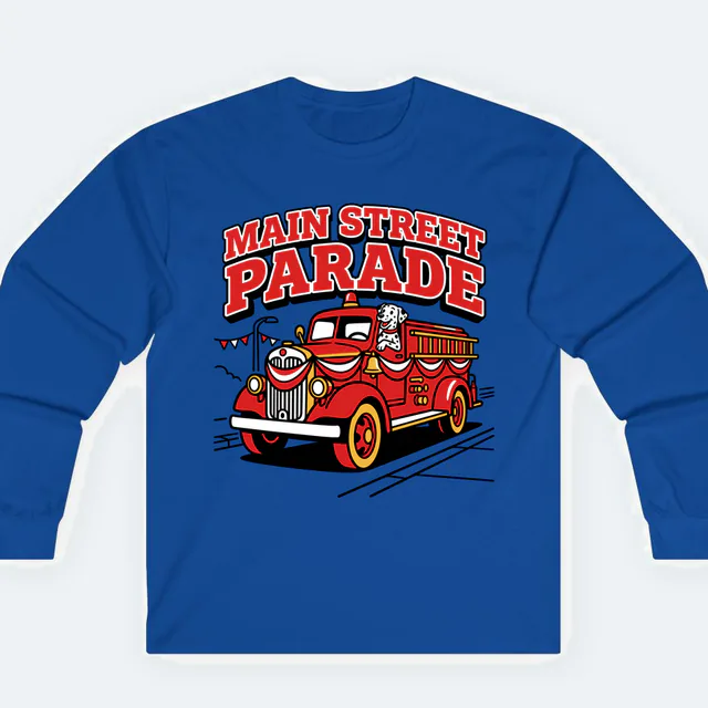 A vintage fire engine with a dalmatian, MAIN STREET PARADE, on a royal adult long sleeve