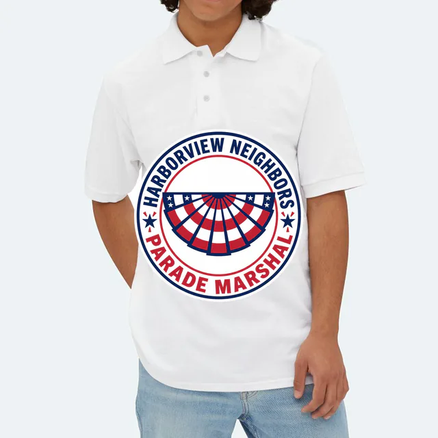 A bunting fan emblem for the Harborview Neighbors parade marshal, on a white adult polo