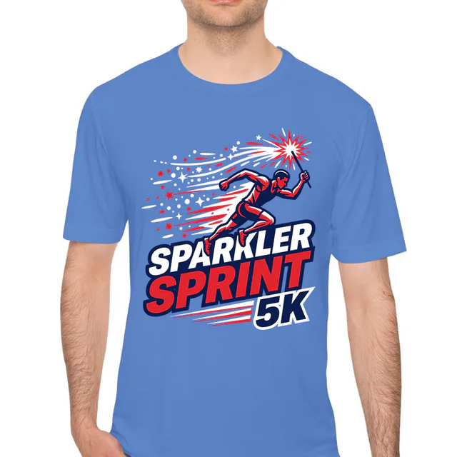 A runner holding a lit sparkler at the Sparkler Sprint 5K, on a carolina blue performance tee