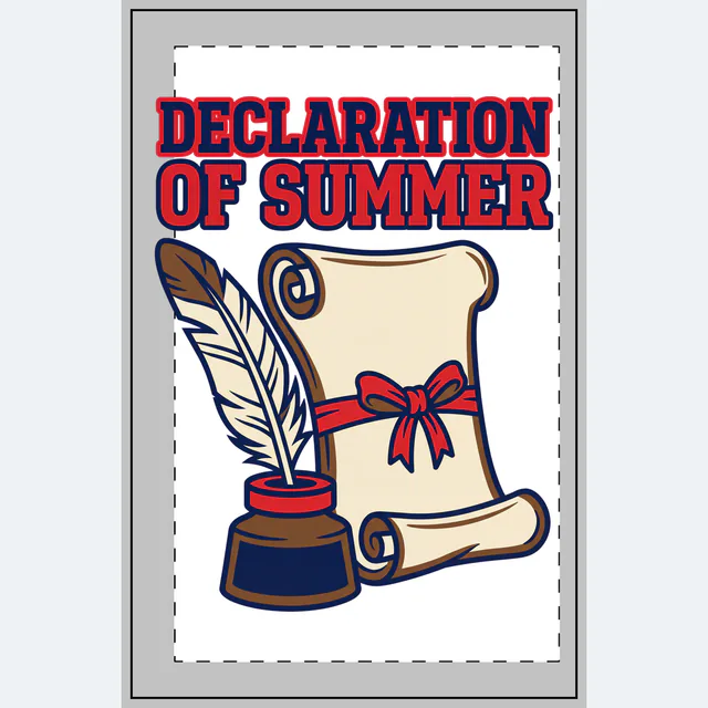 A quill and parchment, DECLARATION OF SUMMER, on a white dotted notebook