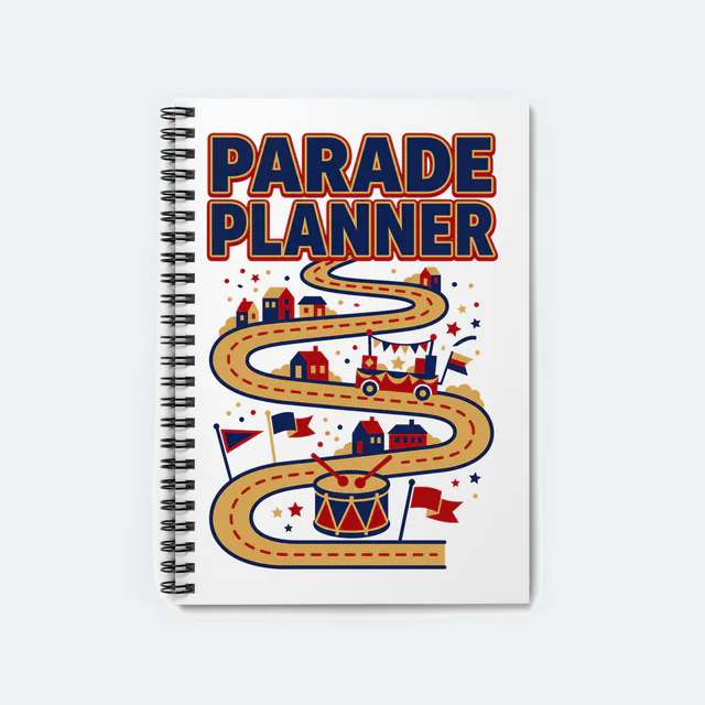 A parade route winding past houses and a float, PARADE PLANNER, on a white spiral notebook