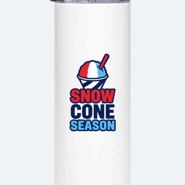 A striped snow cone over SNOW CONE SEASON, on a white steel tumbler