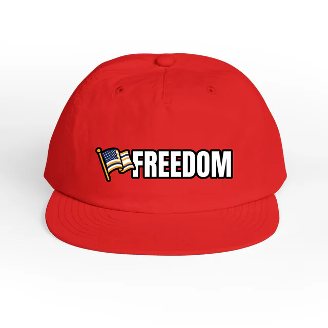 A small waving flag beside FREEDOM, on a fire surf cap