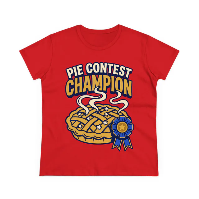 A lattice pie with a prize ribbon, PIE CONTEST CHAMPION, on a red women's t-shirt
