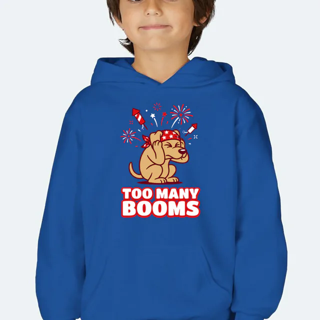 A dog covering its ears at the fireworks, TOO MANY BOOMS, on a royal youth hoodie