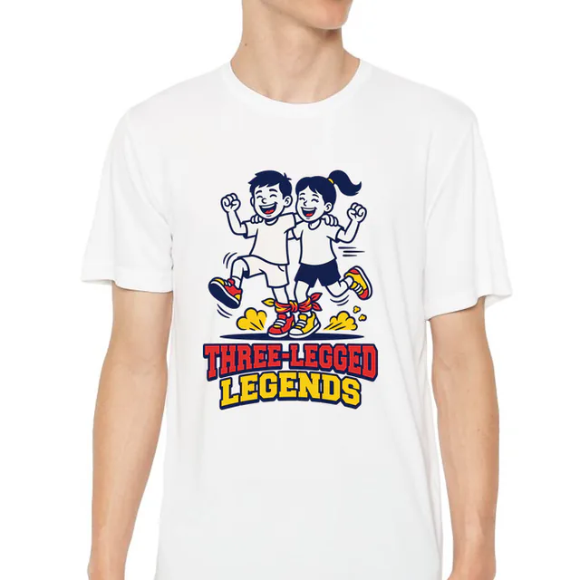 Two kids tied at the ankle, THREE-LEGGED LEGENDS, on a white youth performance tee