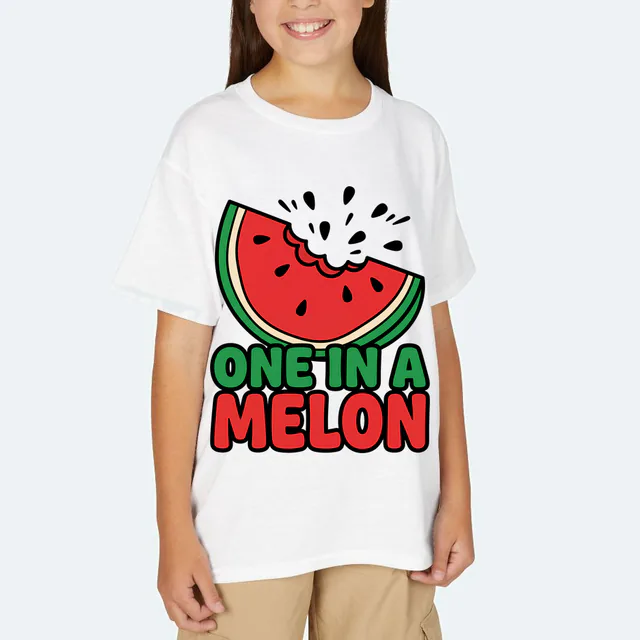 A bitten watermelon slice, ONE IN A MELON, on a white youth t-shirt