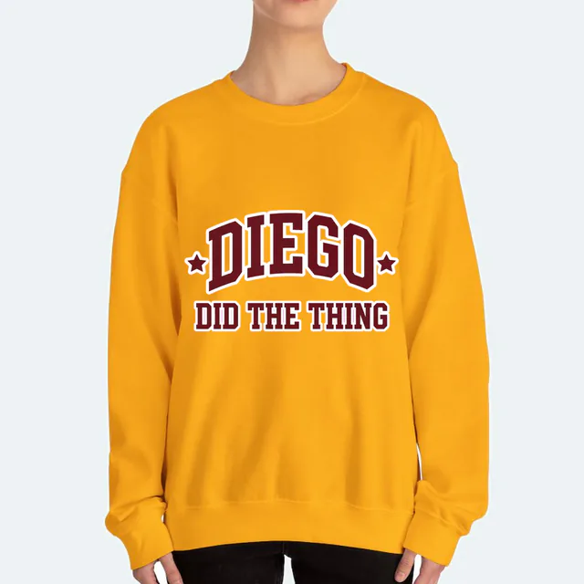 DIEGO in a starred collegiate arch over DID THE THING, on a gold adult crewneck