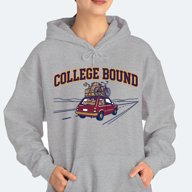 A packed hatchback with a bike on top, COLLEGE BOUND, on a sport gray adult hoodie