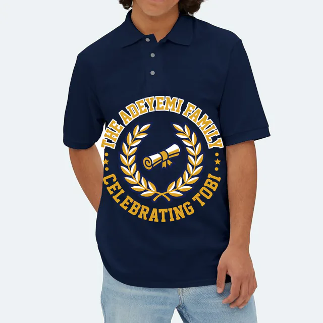 A laurel crest for the Adeyemi family celebrating Tobi, on a navy adult polo