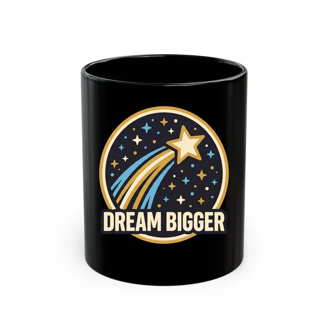 A shooting star streaking upward, DREAM BIGGER, on a black mug
