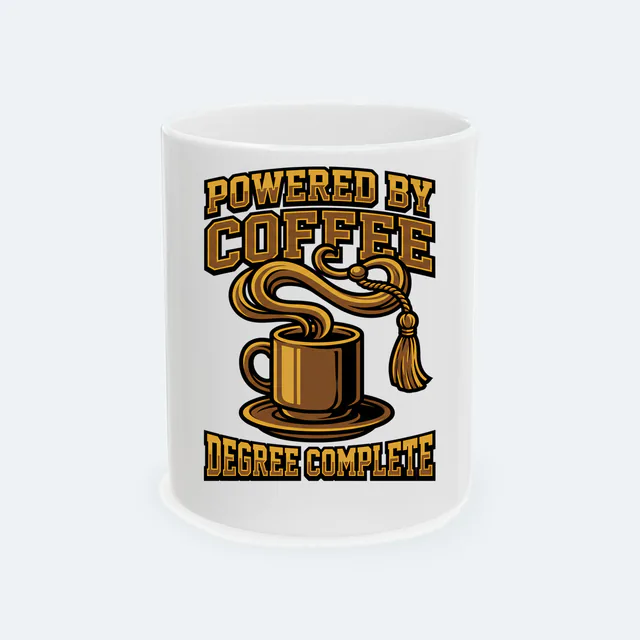 Coffee steam curling into a tassel, POWERED BY COFFEE, on a white ceramic mug