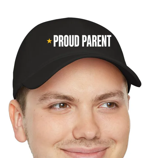 A gold star beside PROUD PARENT, on a black dad hat
