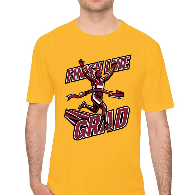 A sprinter breaking the tape, FINISH LINE GRAD, on a gold performance tee